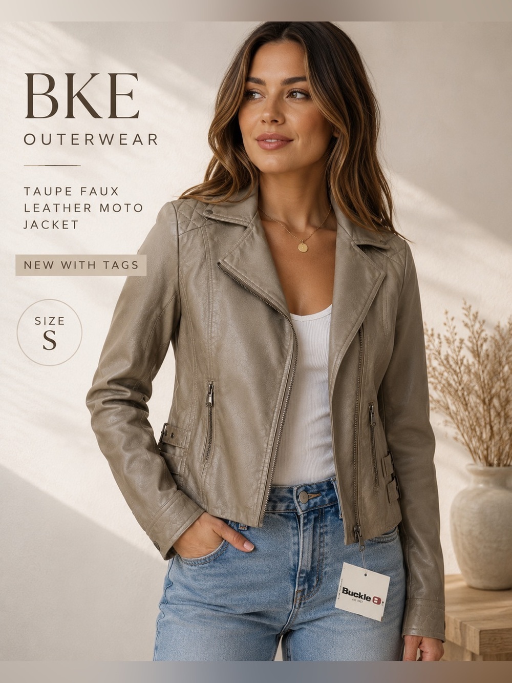 BKE Outerwear Taupe Faux Leather Moto Jacket NWT Women’s Small Quilted Buckle